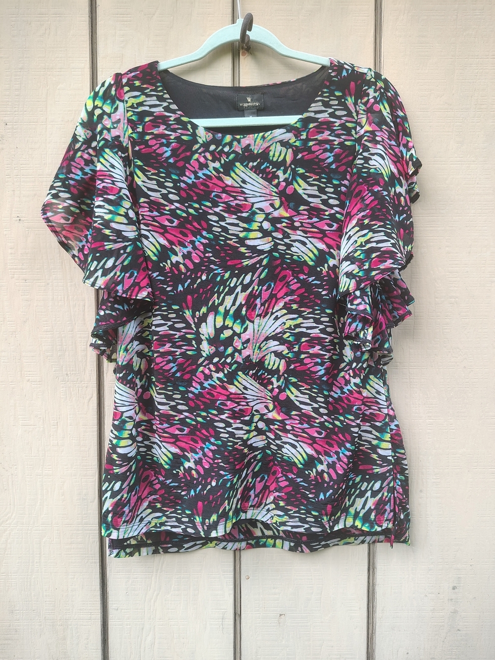 Women's Black Pink Multi-Color Flutter Sleeve Top M Sheer Lined Whimsigoth Fairy